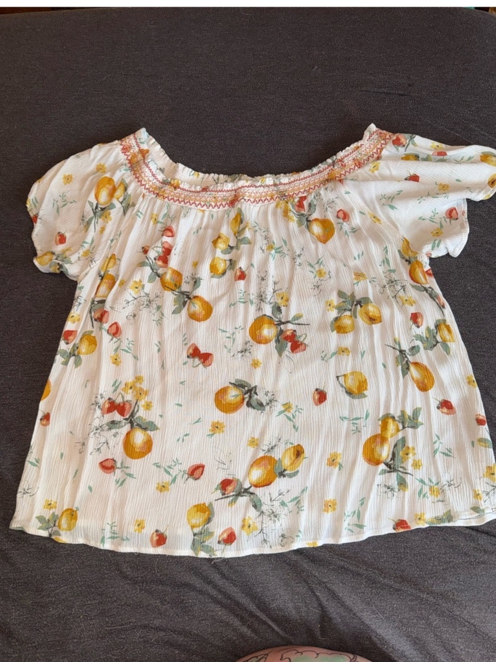 Maurices White Off-Shoulder Top with Yellow & Orange Fruit Print